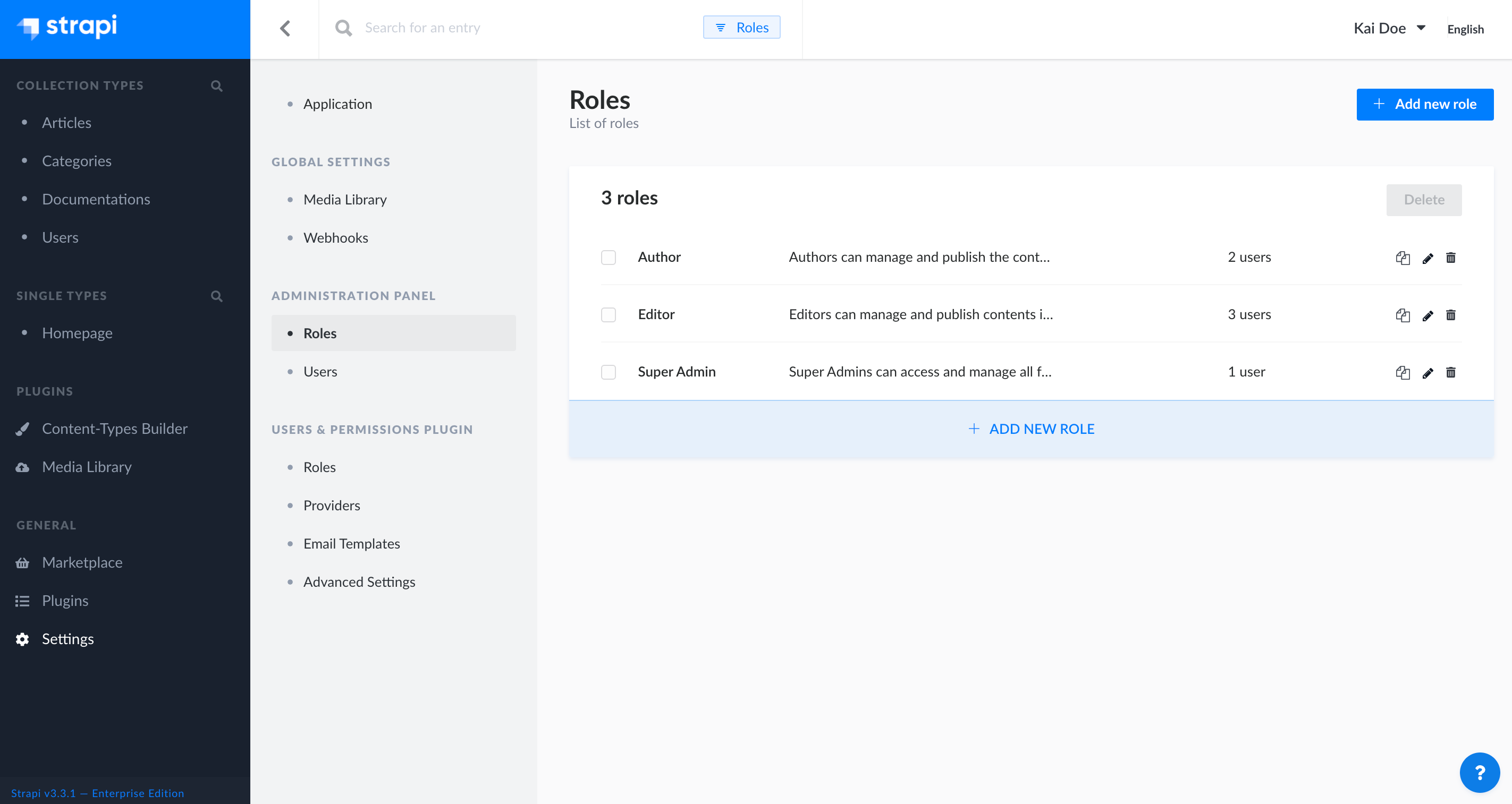 Administrator roles interface